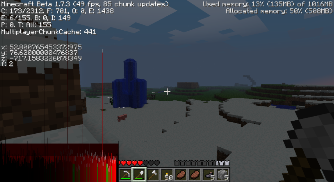 A player is standing in a barren landscape with a few structures visible in the distance.