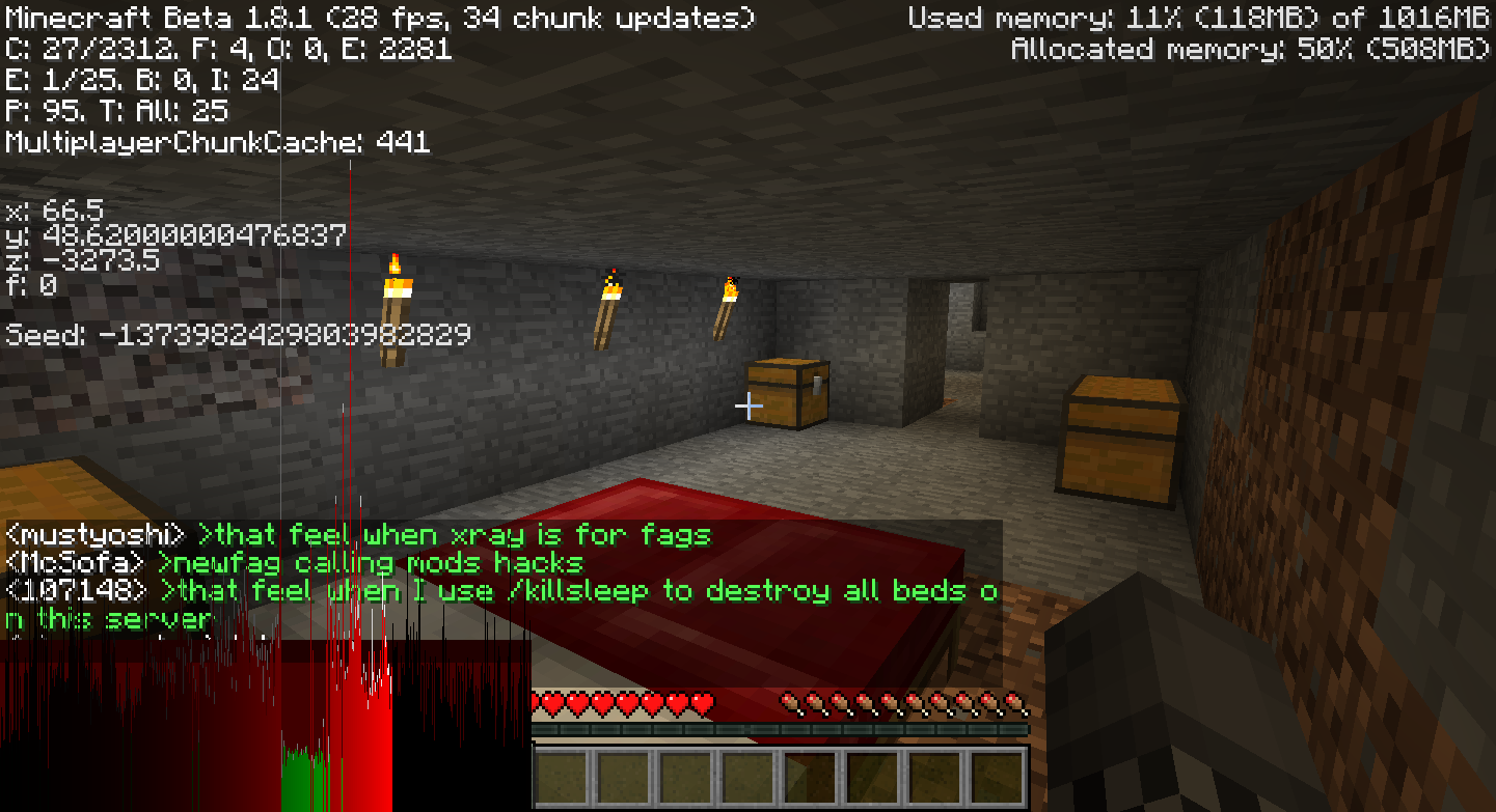 A dimly lit room with a red bed and several chests, featuring a chat window with text about fags and killing beds.