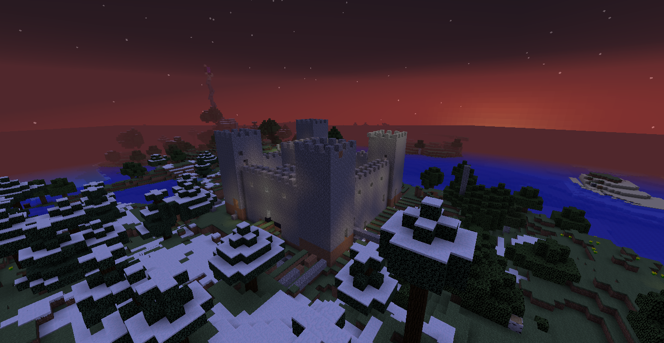 A large castle with a moat and a red sky in the background.