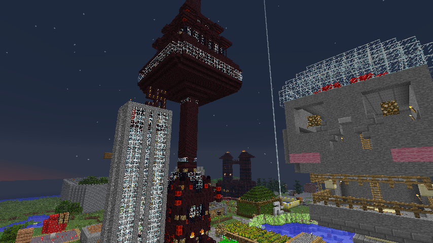 A large, dark tower with a square base and a pointed top, surrounded by other structures in the distance.