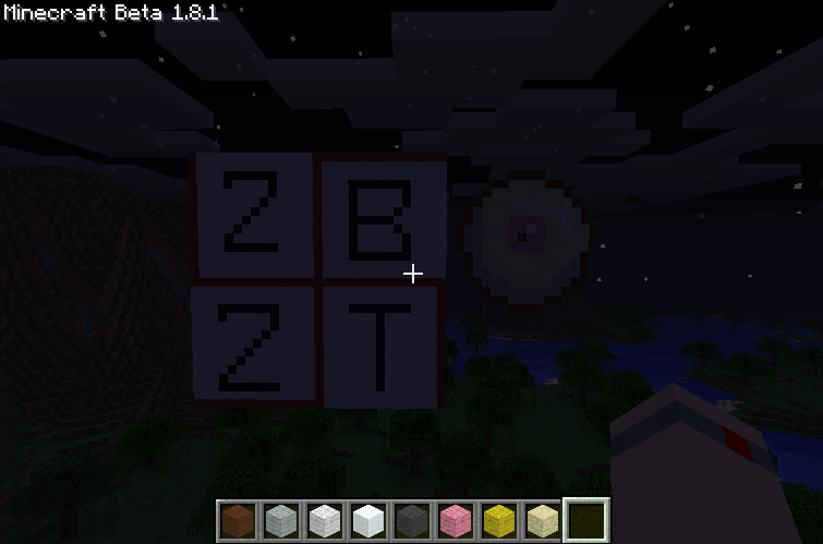 A large sign with the text '2B2T' in the middle of a dark forest.