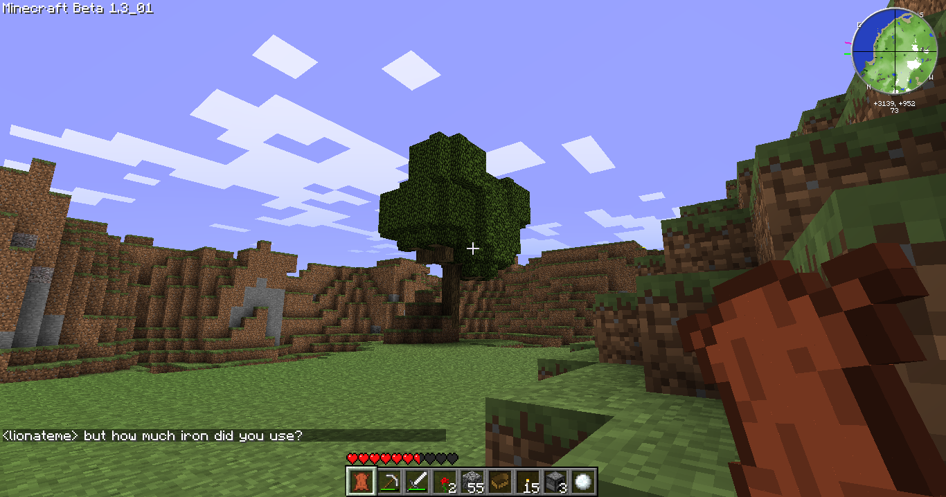 A player is standing in a grassy area with trees and rocks, looking at their inventory.