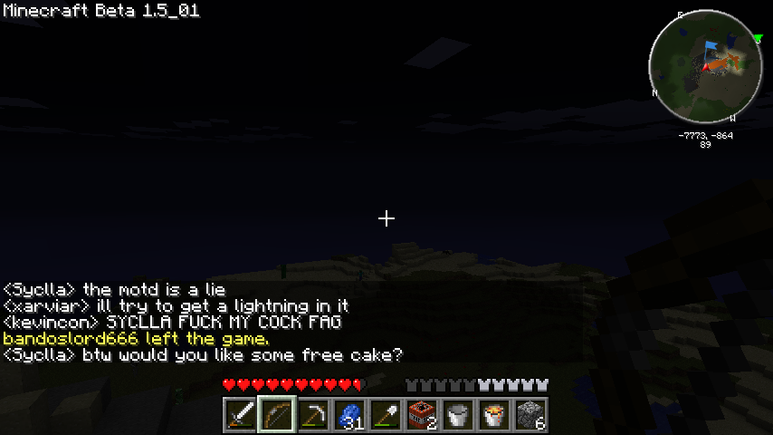 A player is asking for free cake in the chat, with a dark and ominous background.