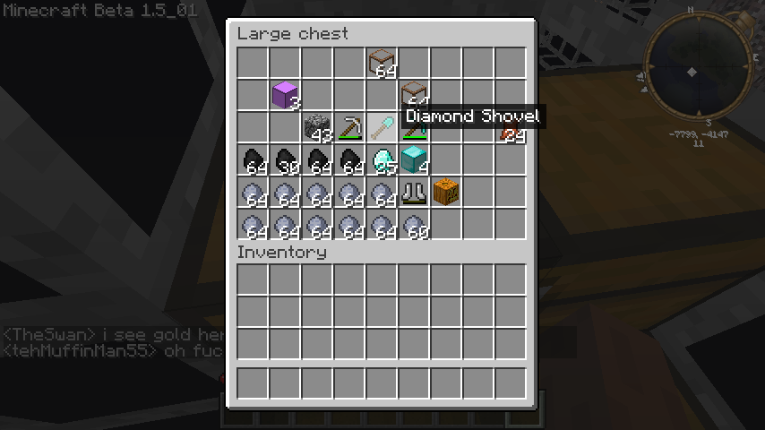 A player's inventory, with a large chest and diamond shovel.