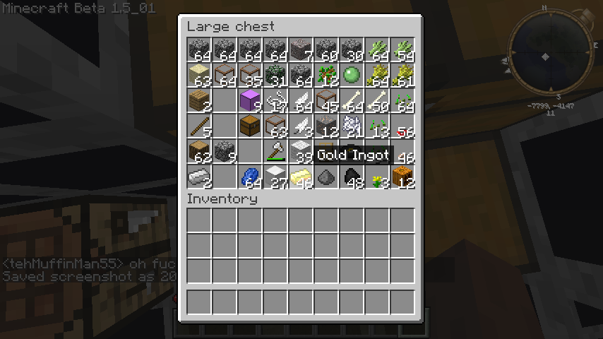 A player's inventory, with a large chest and gold ingot.
