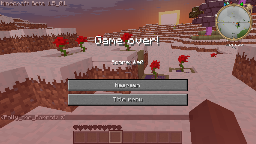 A game over screen with a red sky and flowers in the background.