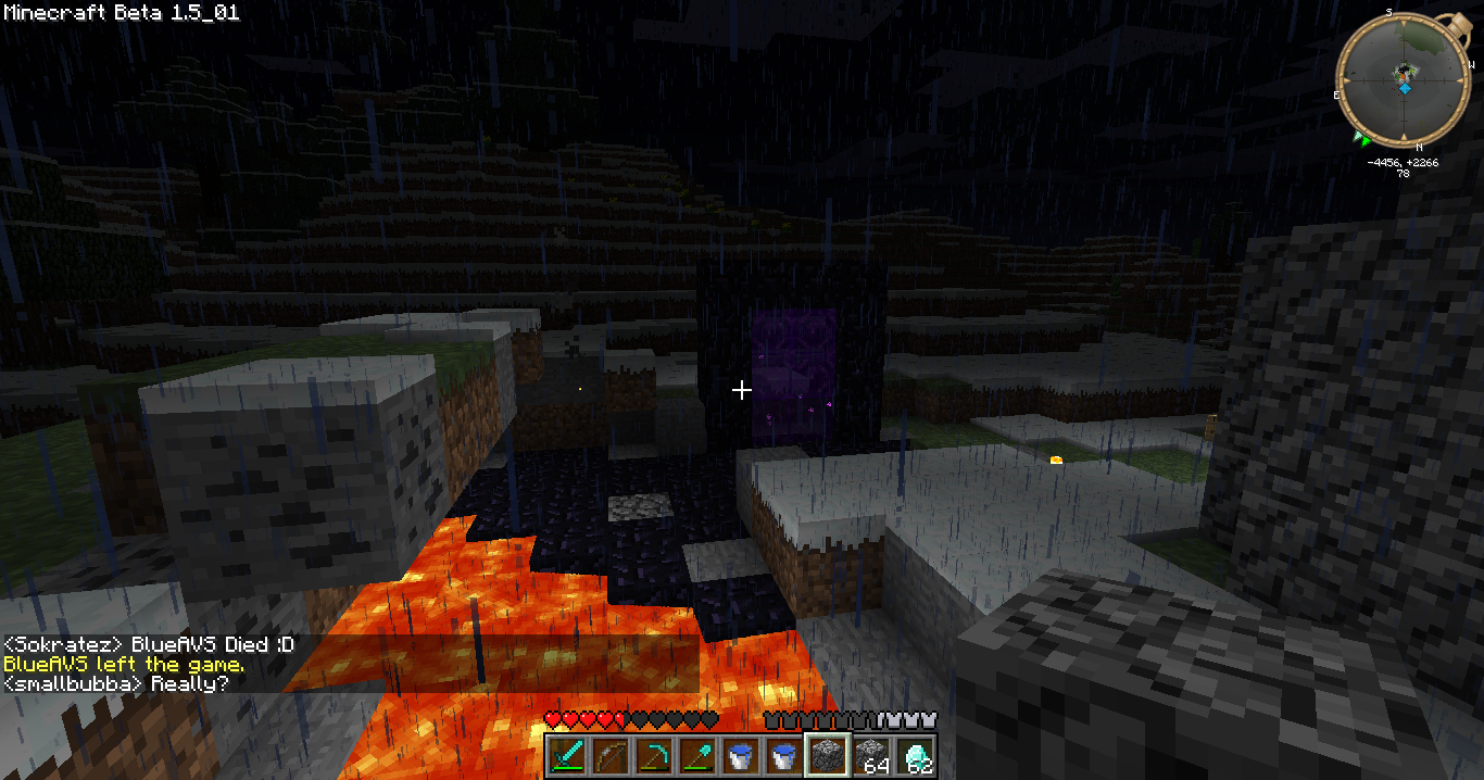 A player is standing in a lava pit, with a large amount of lava flowing around them. The player's health is low, and they are surrounded by blocks of stone and dirt.
