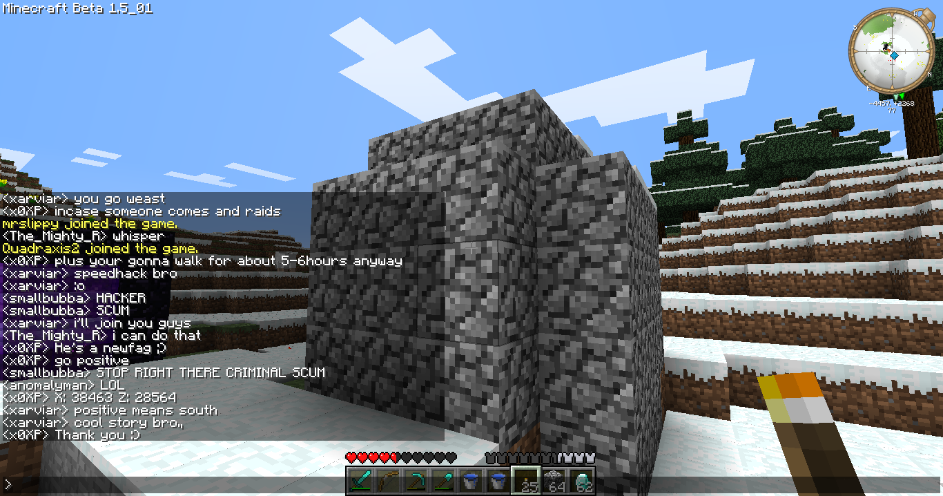 A large stone structure in the middle of a snowy biome, with a compass in the top right corner and chat messages visible.