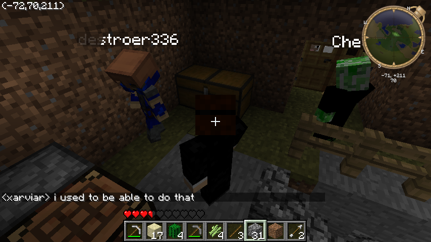 A player is standing in a room with a chest and a crafting table, surrounded by blocks.