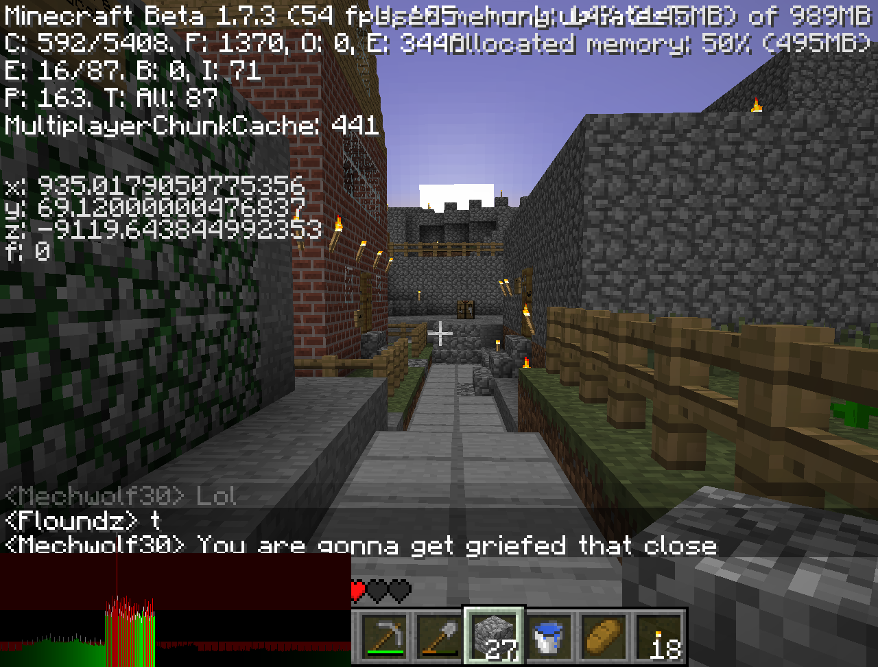 A narrow corridor with stone walls and a wooden fence, featuring a player's chat message expressing grief over someone's departure.