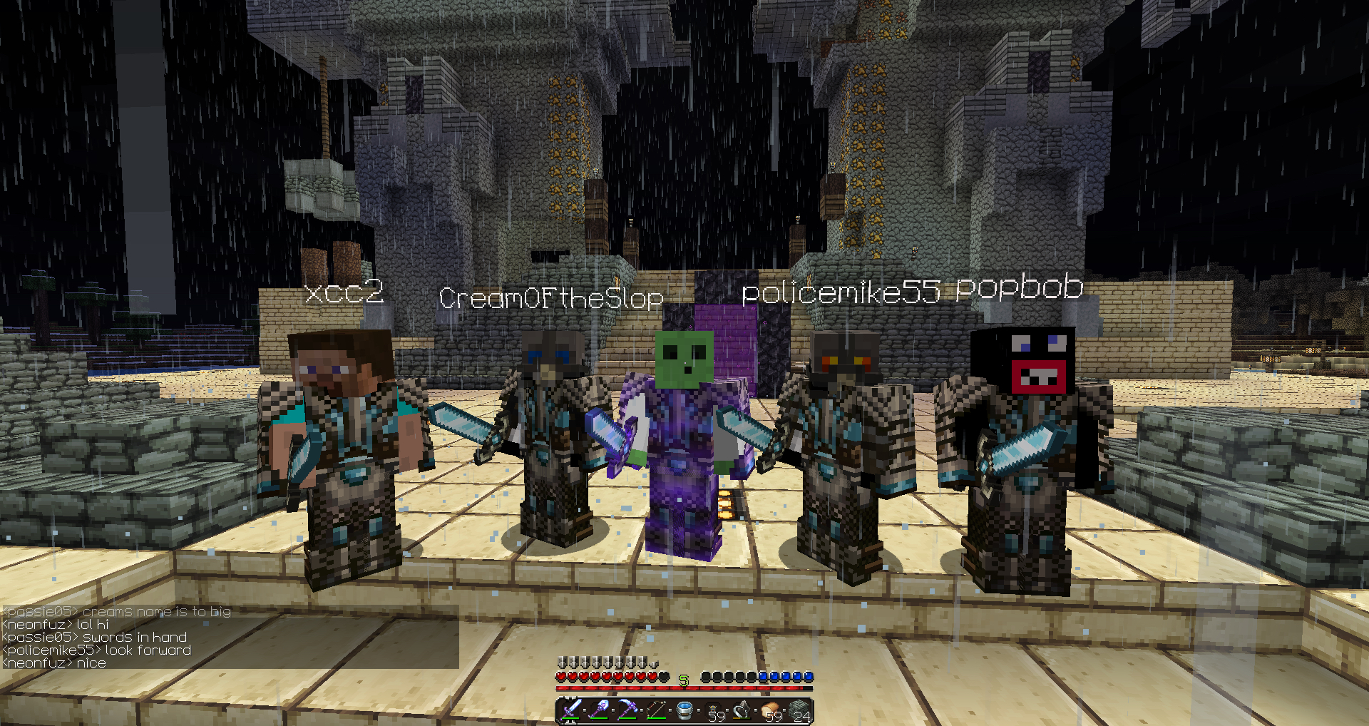 A group of players standing on a stone platform, holding swords and wearing armor.