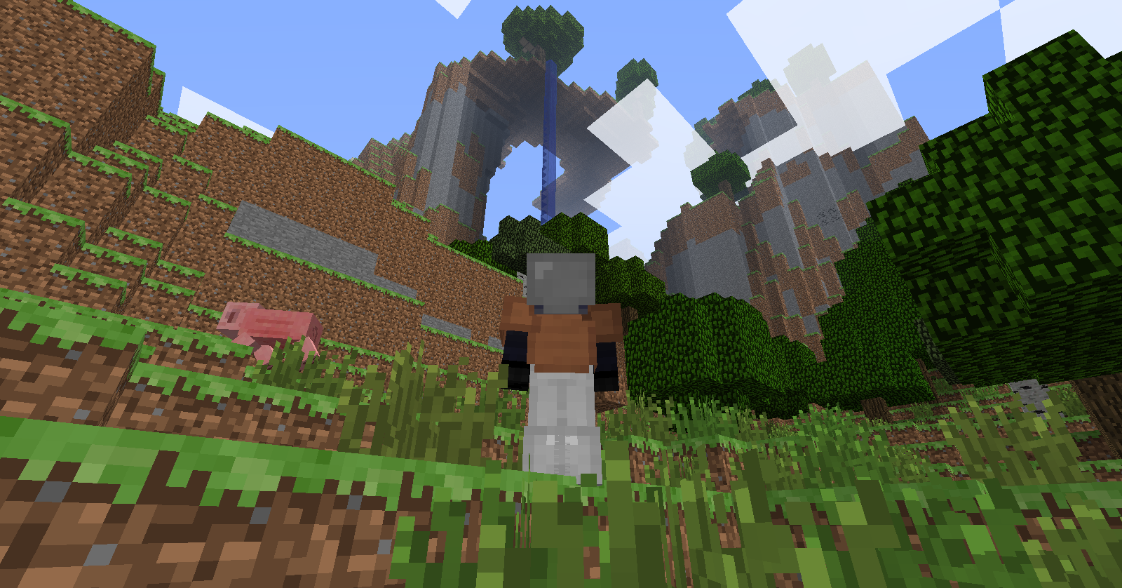 A player standing in a grassy area with a pig nearby, surrounded by trees and a mountain range in the background.