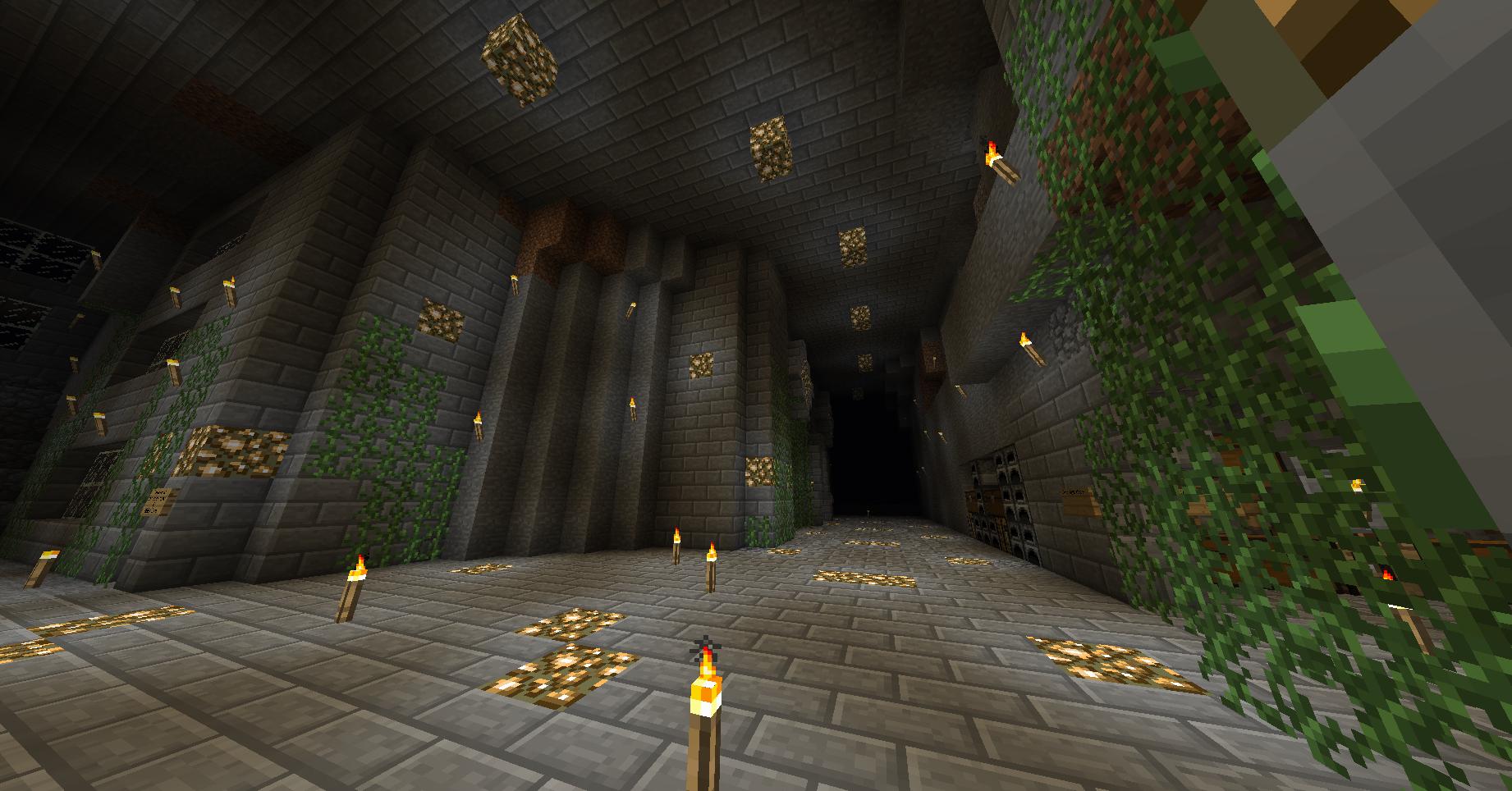 A large underground room with a high ceiling, lit by many torches and vines growing on the walls.