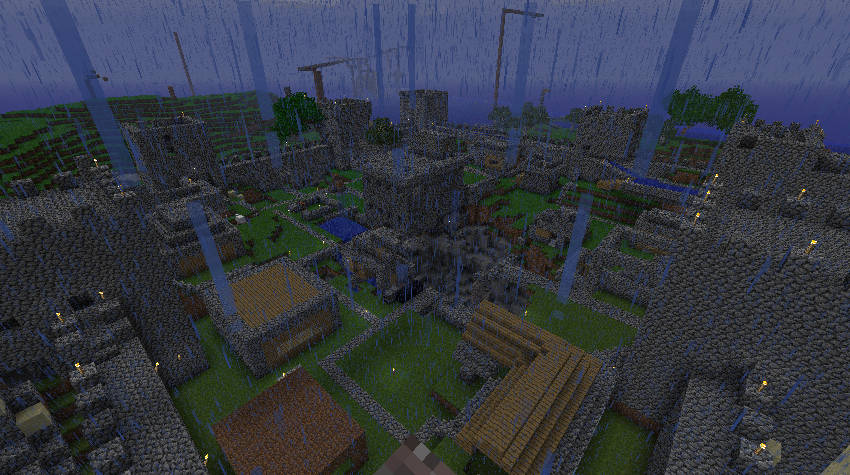 A large base with many buildings and structures, including a large castle and a village.