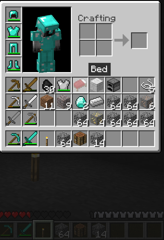 A player's inventory, with a crafting table and bed in the background.