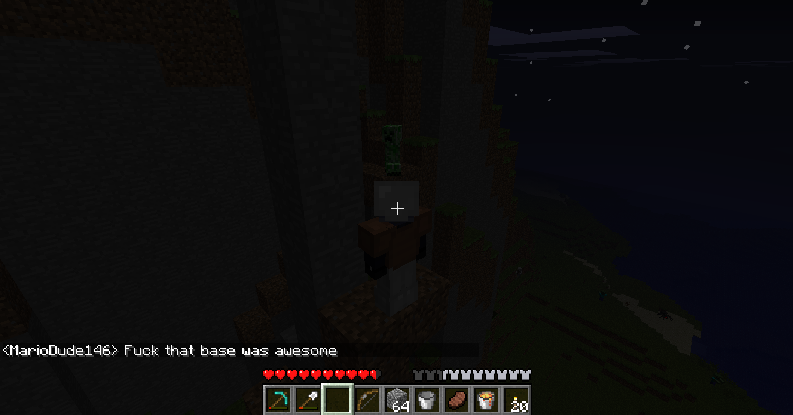A dark and dimly lit base with a player's inventory visible at the bottom of the screen. The chat window displays a message from MarioDude146, who is expressing admiration for the base.