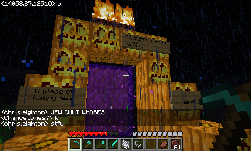 A large, ornate building with a purple door and a sign that reads 'A place of happiness' in the rain.