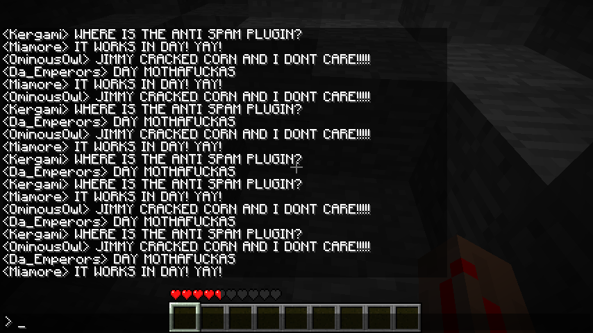 A chat log with multiple players discussing the anti-spam plugin.