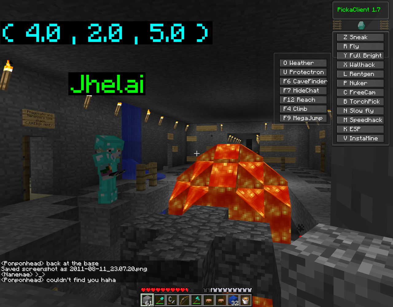 A screenshot of a base with a large red structure and two players, with chat messages visible.
