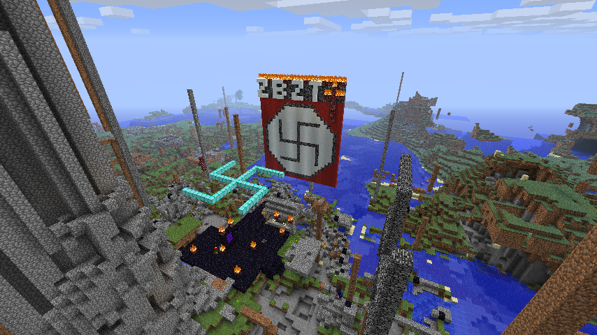 A build of a giant swastika in the sky, with a large body of water below.