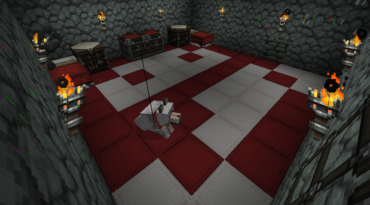 A large room with a red and white checkered floor, featuring a central pole and a small, intricately designed structure at its base.