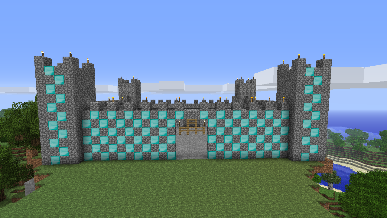 A large castle with a checkered pattern on the walls, surrounded by trees and a body of water in the distance.