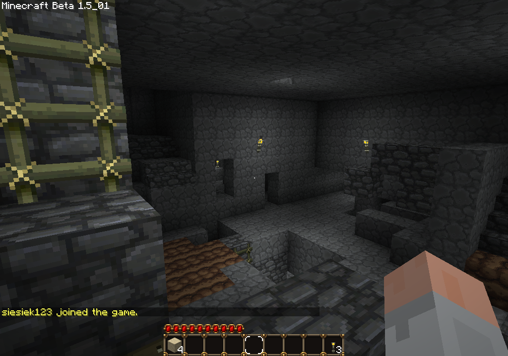 A dark underground room with a ladder and a player's inventory visible.