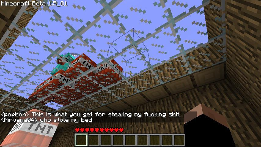 A player's bed has been stolen, and they are seeking revenge. The player is standing in a large room with a glass ceiling, surrounded by wooden walls.