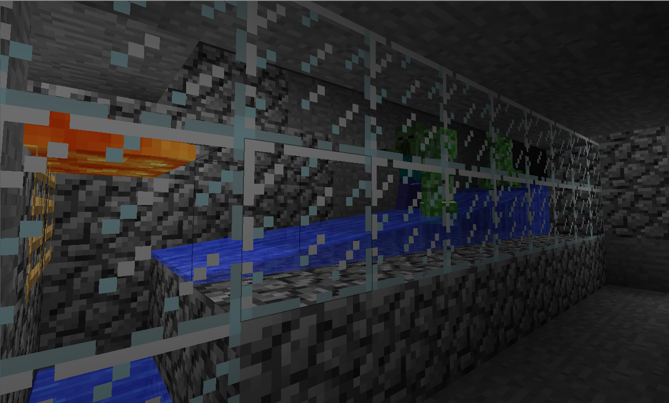 A large underground base with a blue and orange design, featuring a fence and a wall.