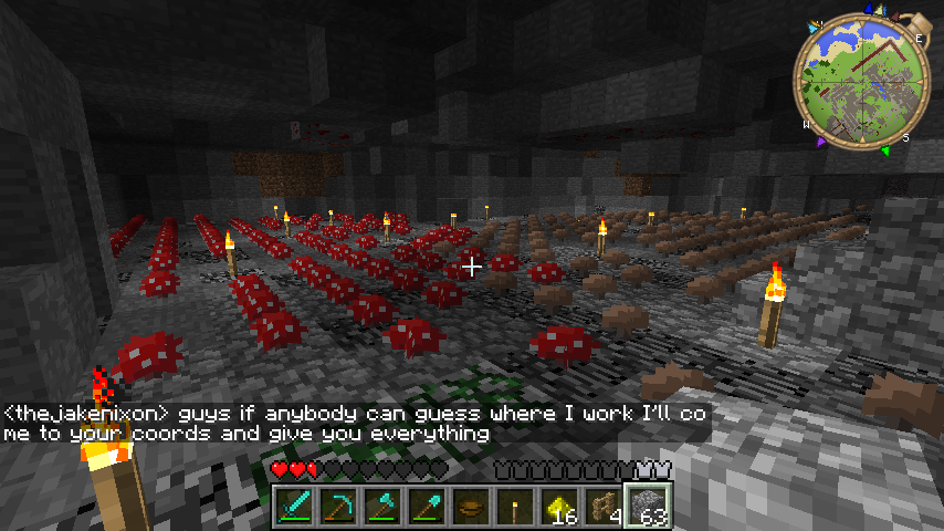 A large underground room filled with redstone contraptions and lit torches, with a chat message from the player 'thejakenixon' asking for help finding their coordinates.