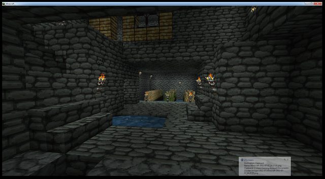 A dark room with stone walls and a blue floor, featuring a row of lit torches along the back wall.