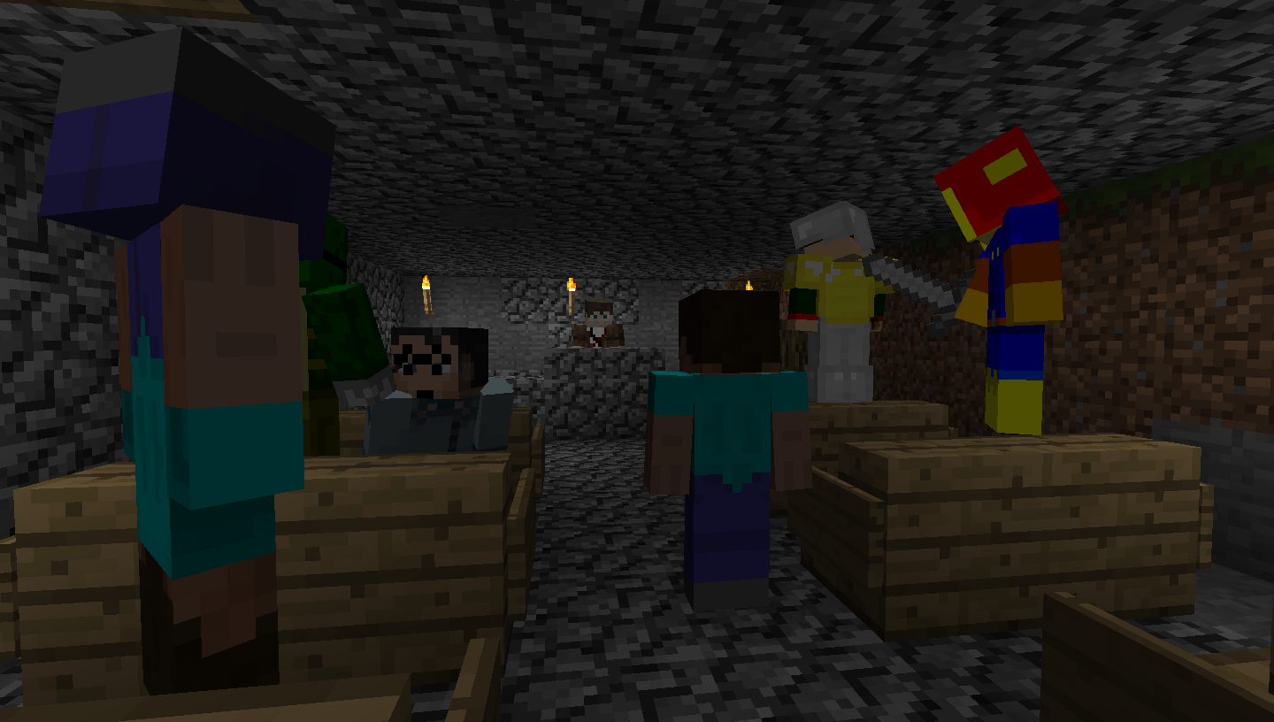 A group of players standing on wooden blocks in a cave, with one player holding a red and yellow item.