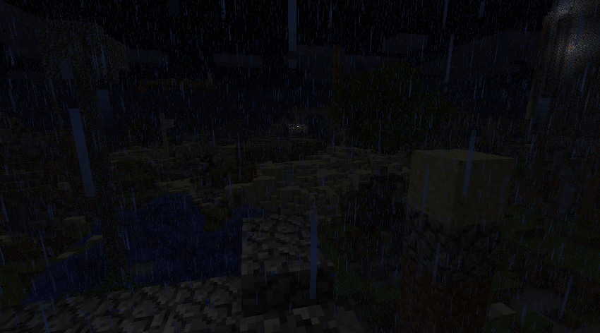 A dark and rainy scene with a large stone structure in the background.