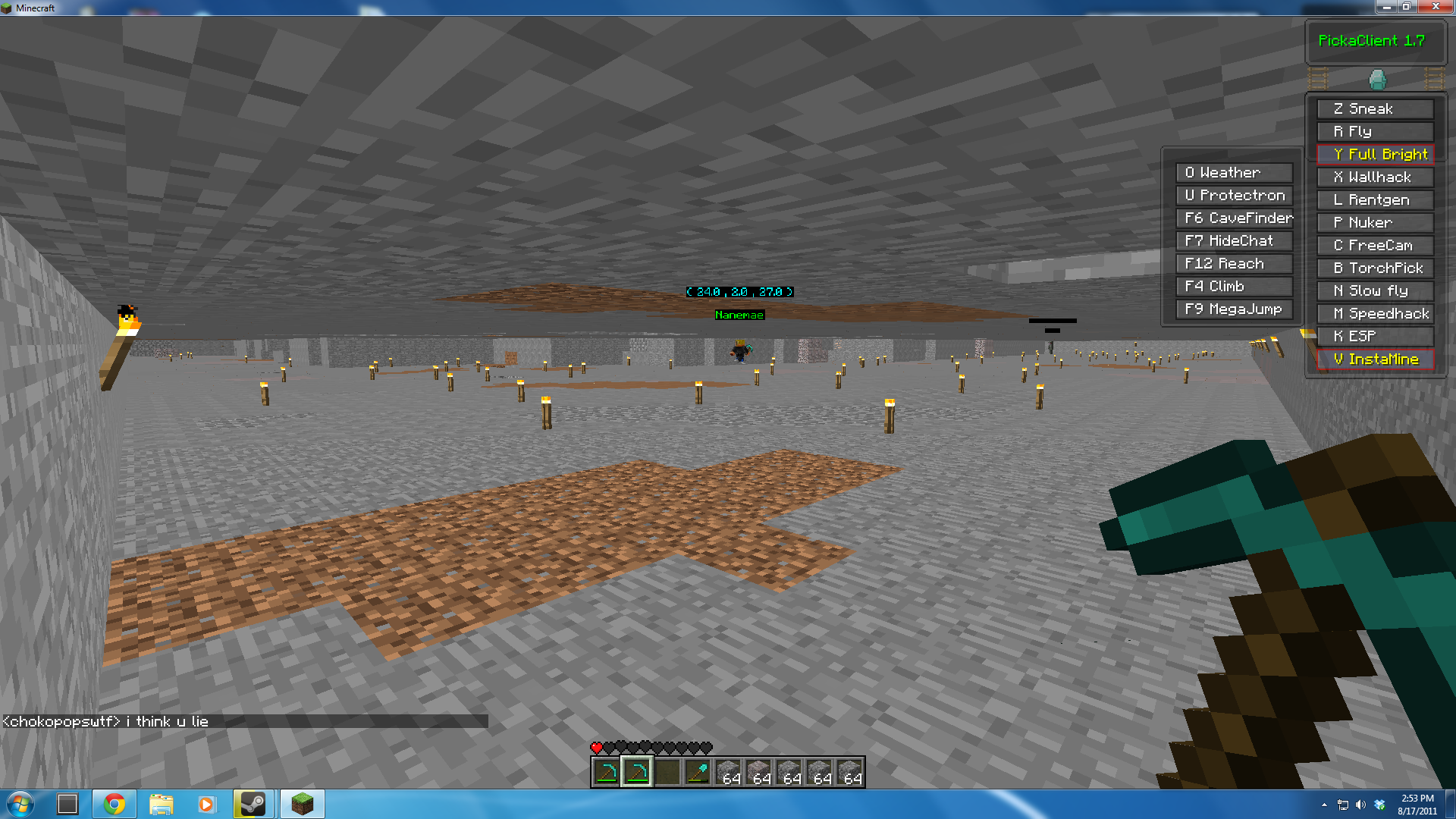 A large underground base with a lot of gold blocks and a few players.