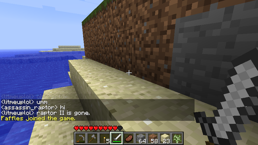 A player is standing on a cliff overlooking the ocean, with a chat message from another player in the corner of the screen.