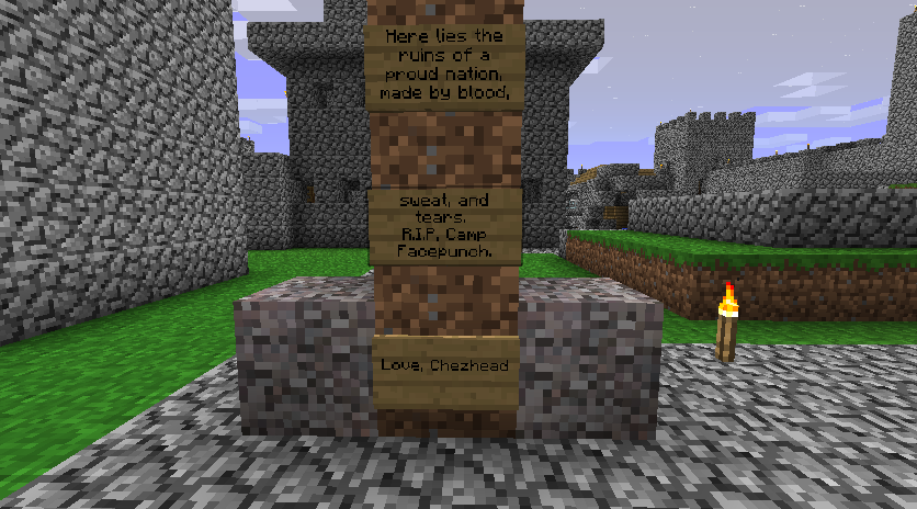 A monument with a sign in the middle of a base, surrounded by stone walls and torches.