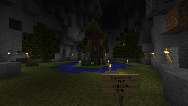 A large underground cavern with a blue pool of water and a sign that reads 'Cavern of the Farting Giant'.