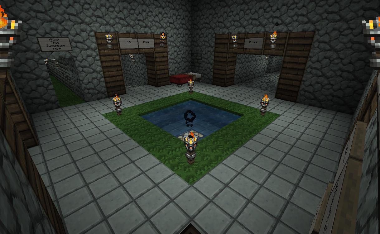 A large room with a blue pool in the center, surrounded by grass and torches.