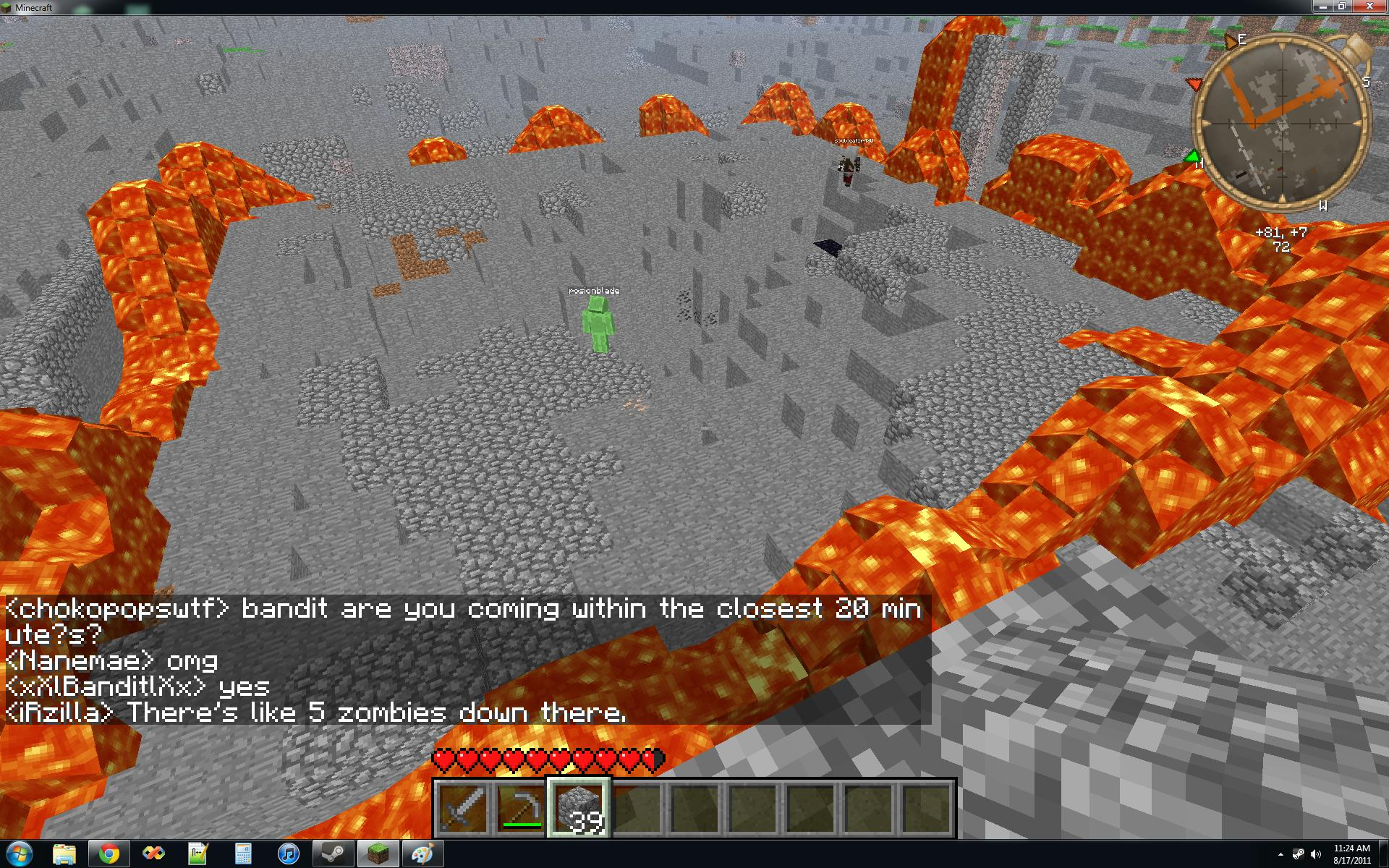 A player is being attacked by a bandit in the nether, with lava and nether quartz blocks visible.