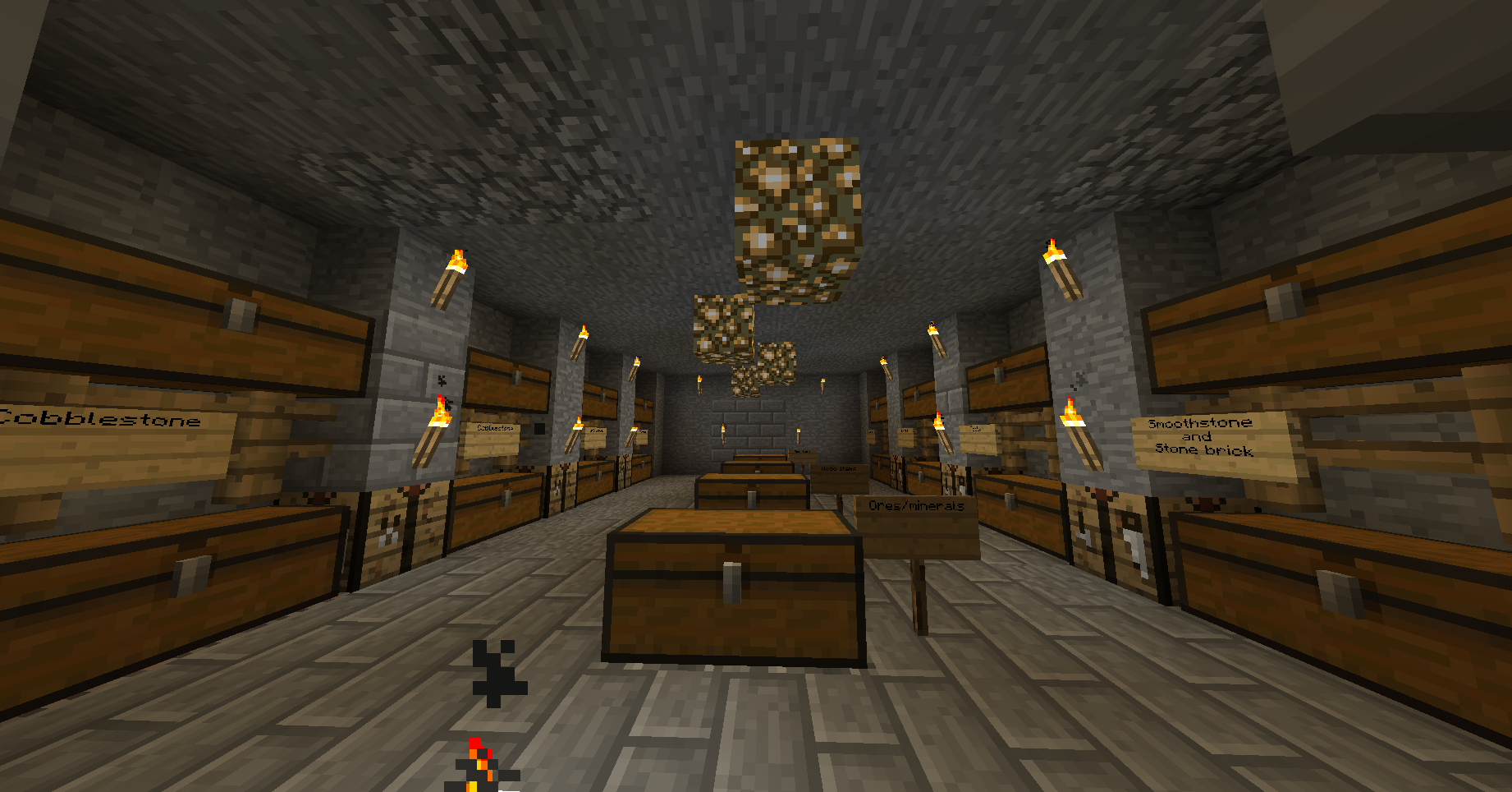 A large room with many chests and signs, possibly a storage room or a shop.