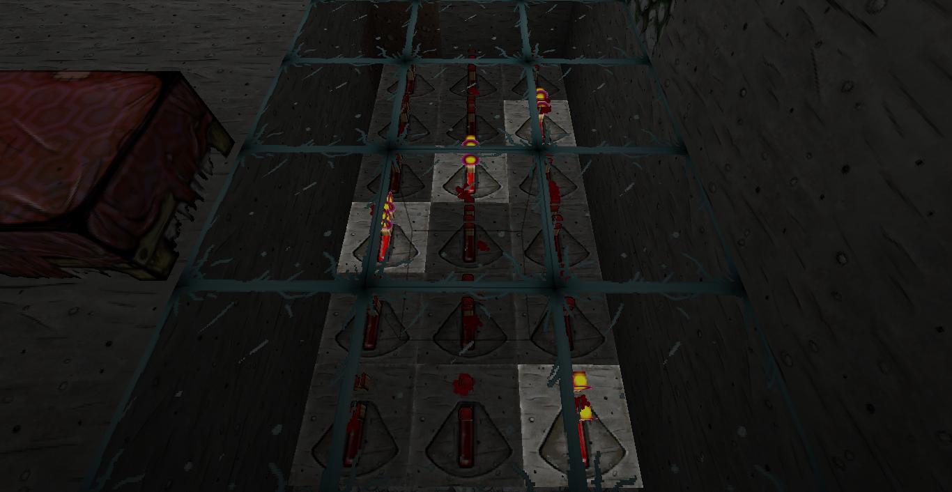 A large grid of redstone contraptions, with a red block in the top left corner.