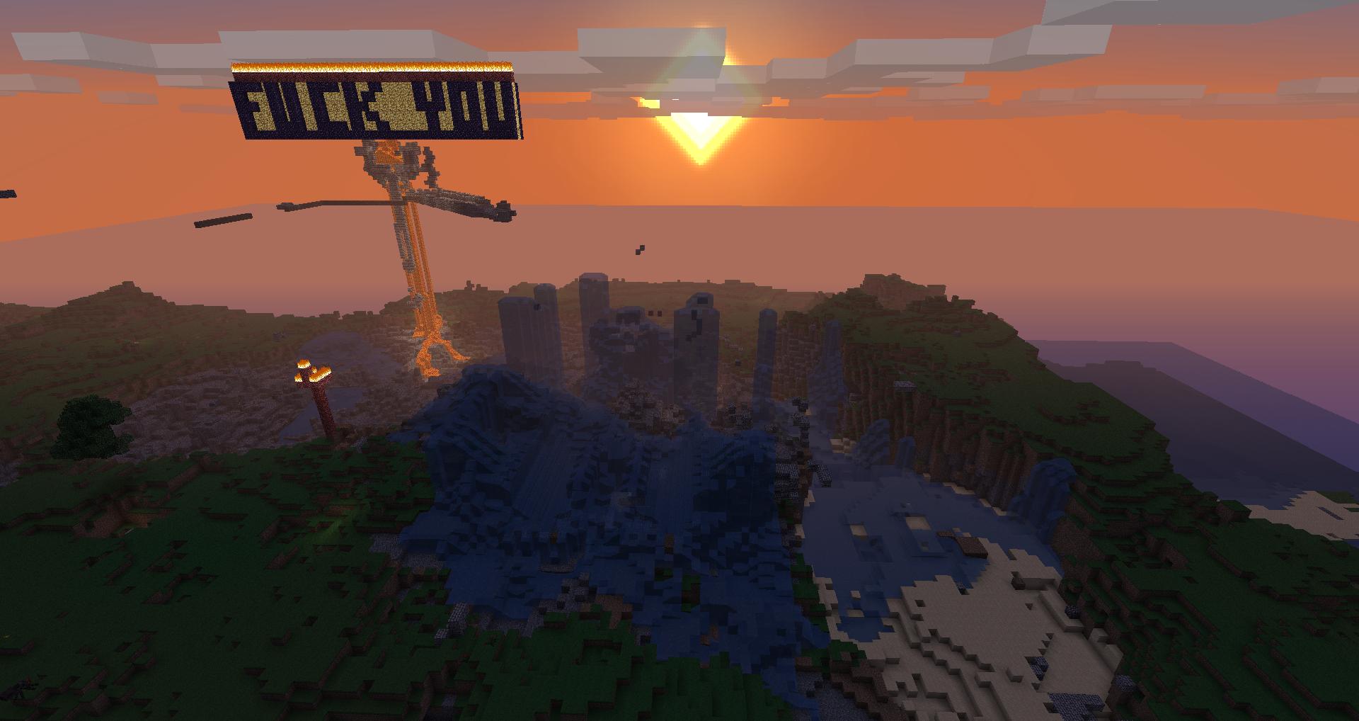 A sunset over a mountain range with a sign that says 'ENTER HELL' and a large, dark structure in the distance.
