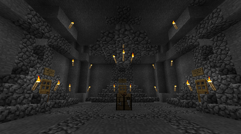 A large underground base with a central chamber and several rooms, featuring stone walls and a stone floor.