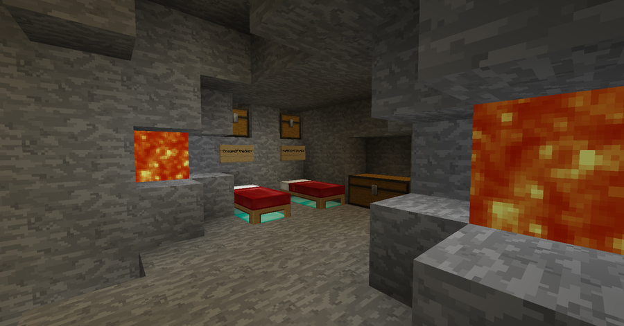 A room with red beds and lava, possibly a base.