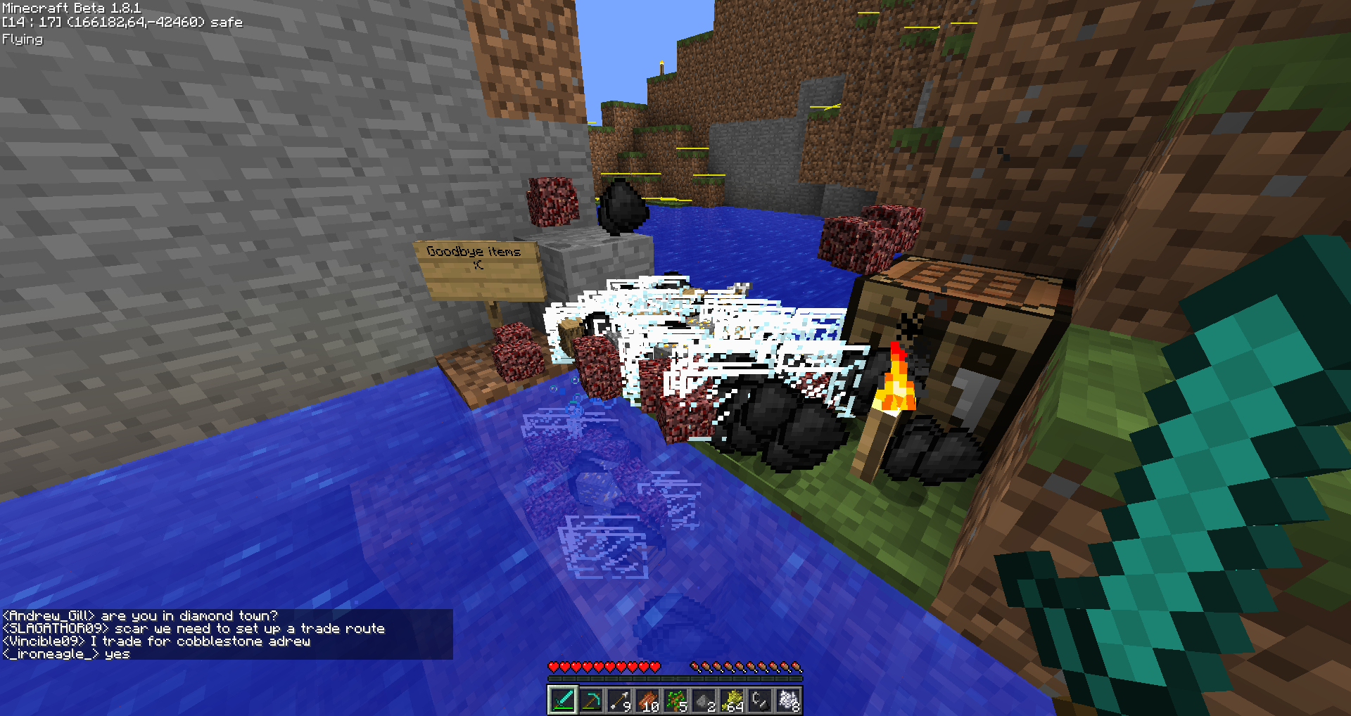 A screenshot of a Minecraft server with a large body of water and a small island in the distance. The image also shows a player's inventory and chat messages.