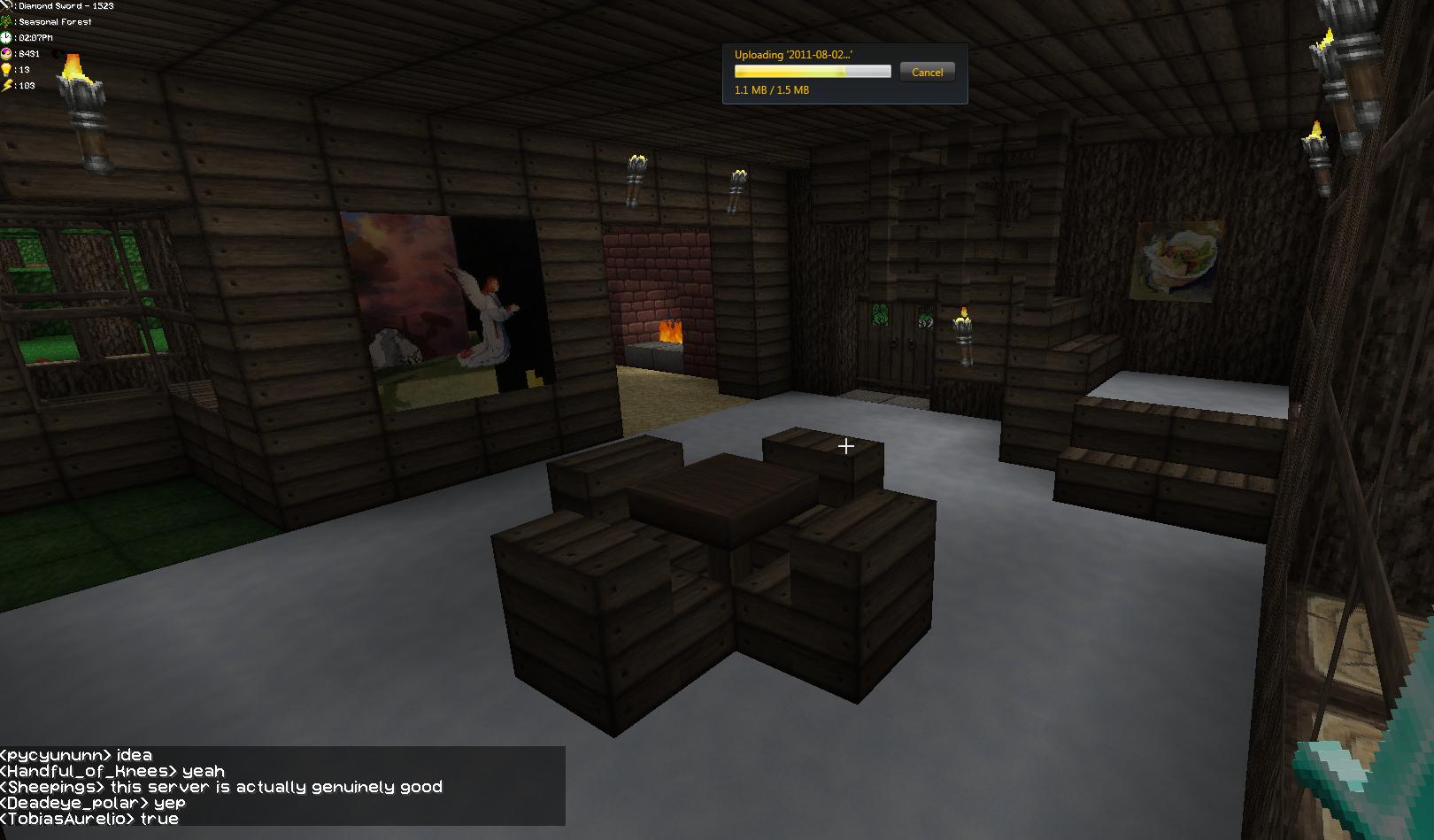 A dimly lit room with beds and a table in the center, featuring chat messages at the top of the screen.