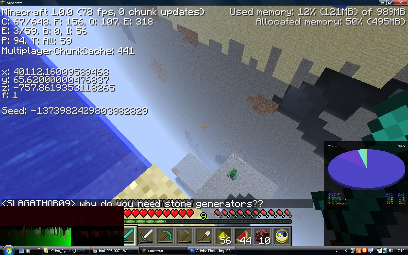 A player's screen with various information displayed, including their inventory and coordinates.