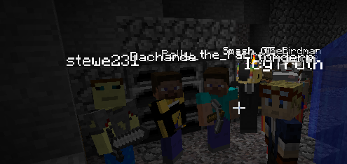 A group of players standing together, with chat messages visible above them.