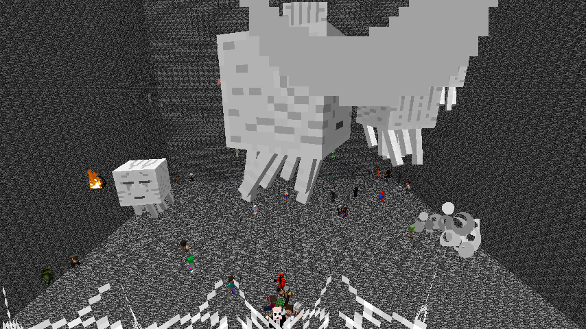 A large skull build with many players standing around it.
