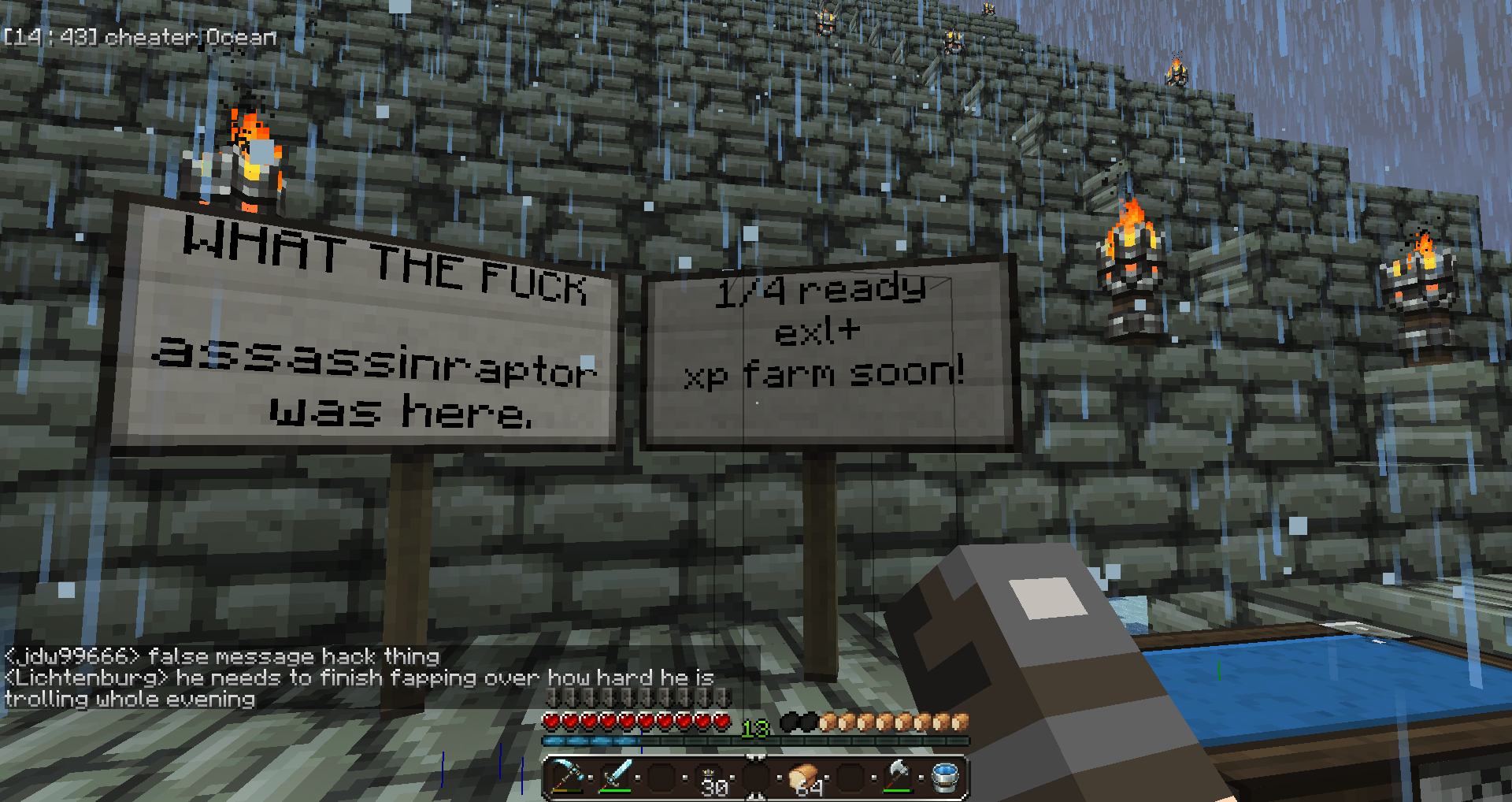 A player is standing in front of a large stone wall with signs that read 'WHAT THE FUCK assassinraptor was here' and '1/4 ready exl+ xp farm soon!'
